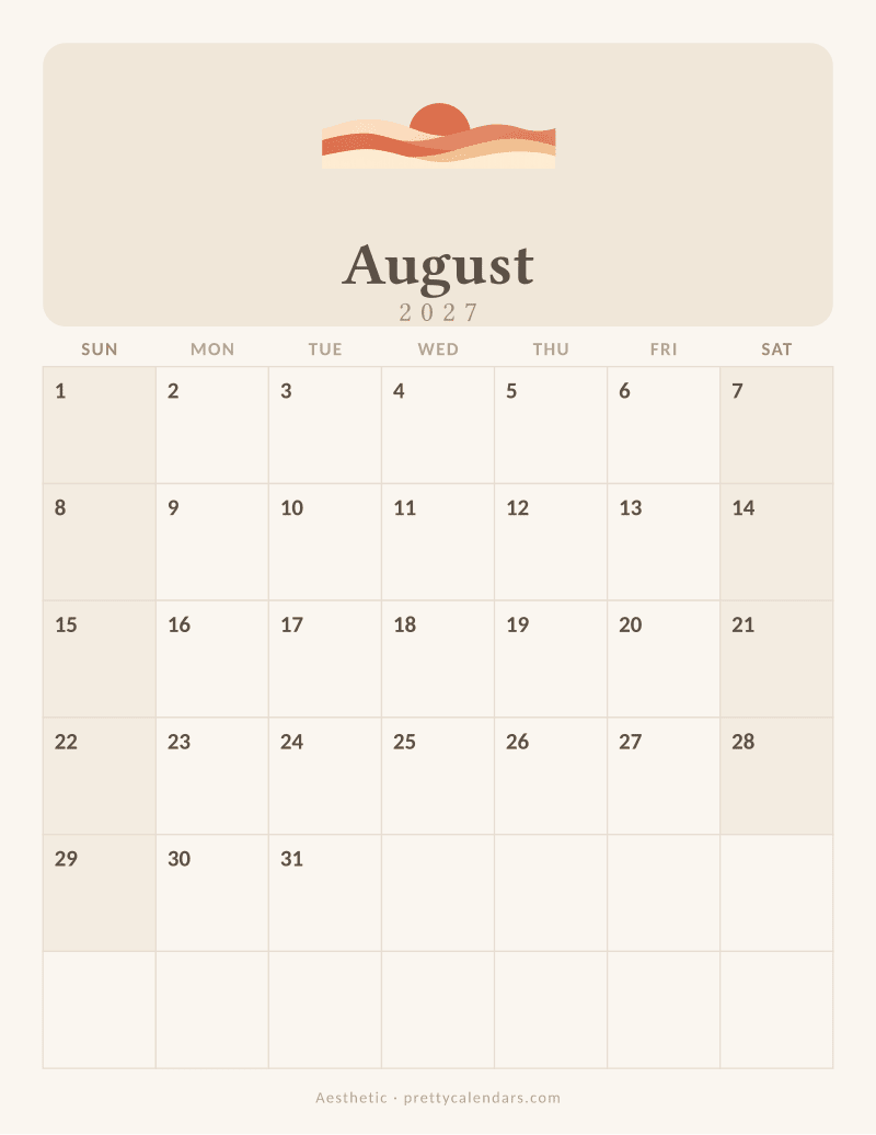 August 2027 printable calendar, Aesthetic style