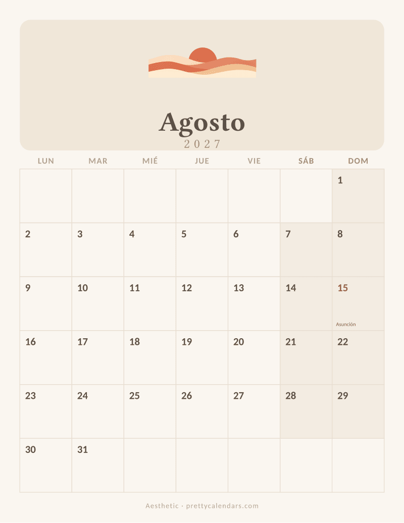 Calendario de Agosto 2027 para imprimir, estilo Aesthetic