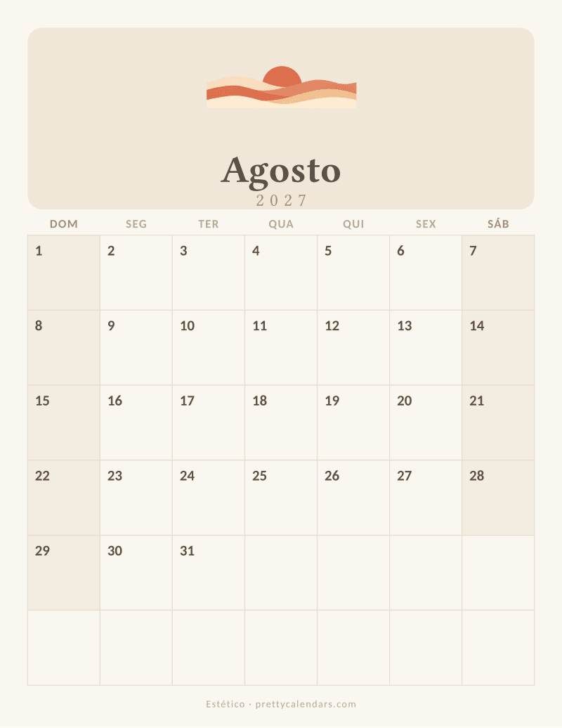 Calendário de Agosto de 2027 para imprimir, estilo Estético
