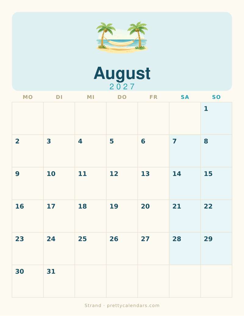 Druckbarer Kalender August 2027, Design Strand