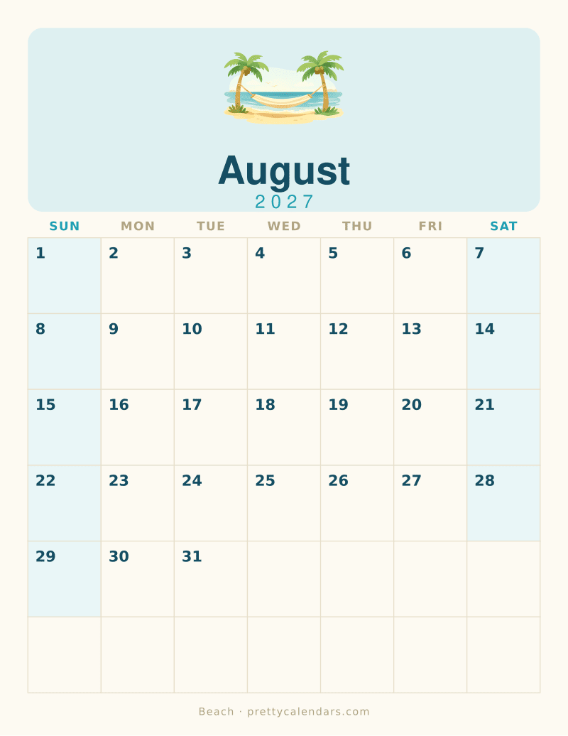 August 2027 printable calendar, Beach style
