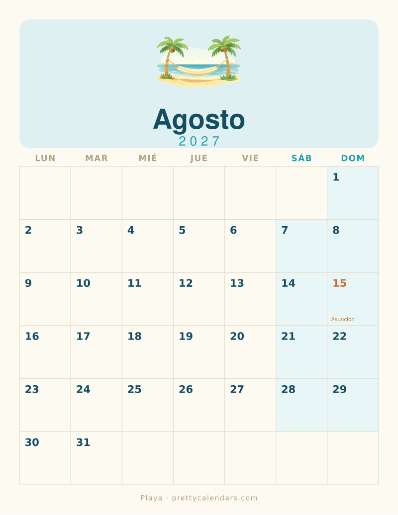 Calendario de Agosto 2027 para imprimir, estilo Playa