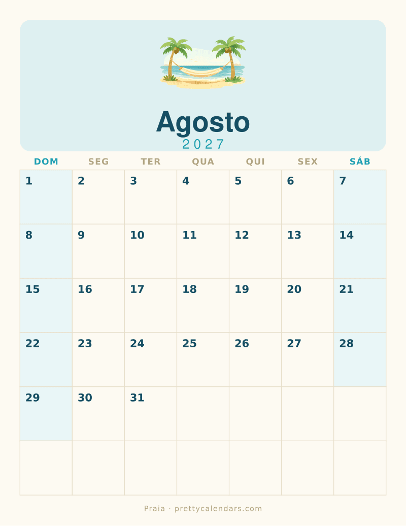 Calendário de Agosto de 2027 para imprimir, estilo Praia