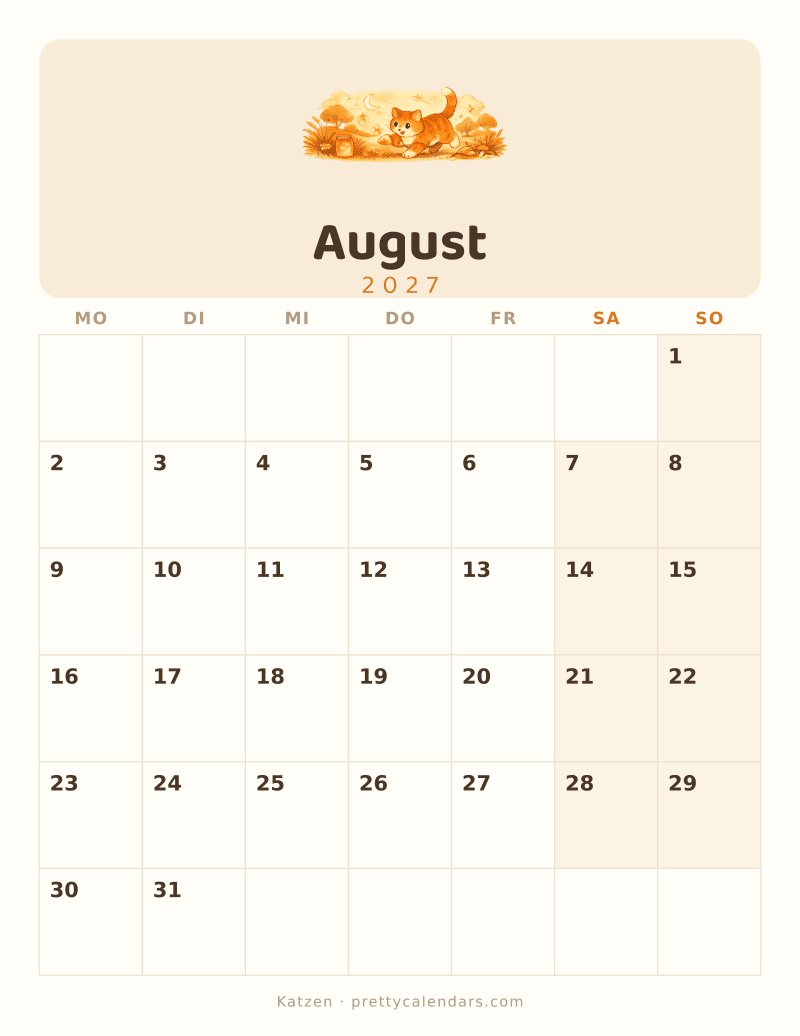 Druckbarer Kalender August 2027, Design Katzen