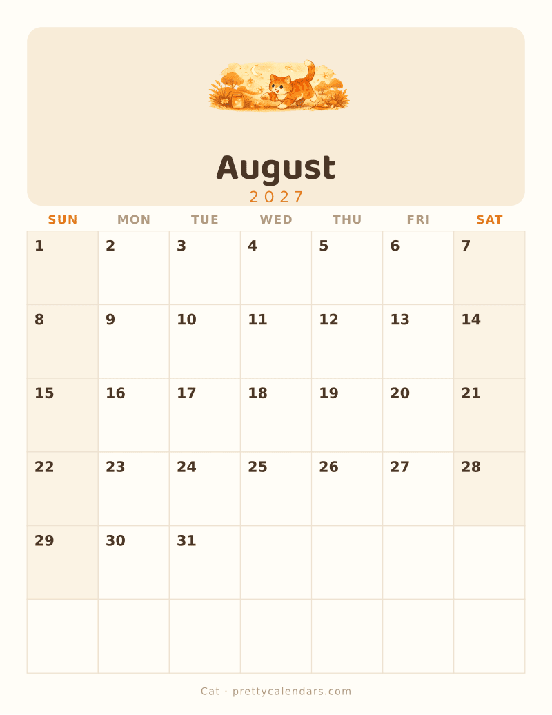 August 2027 printable calendar, Cat style