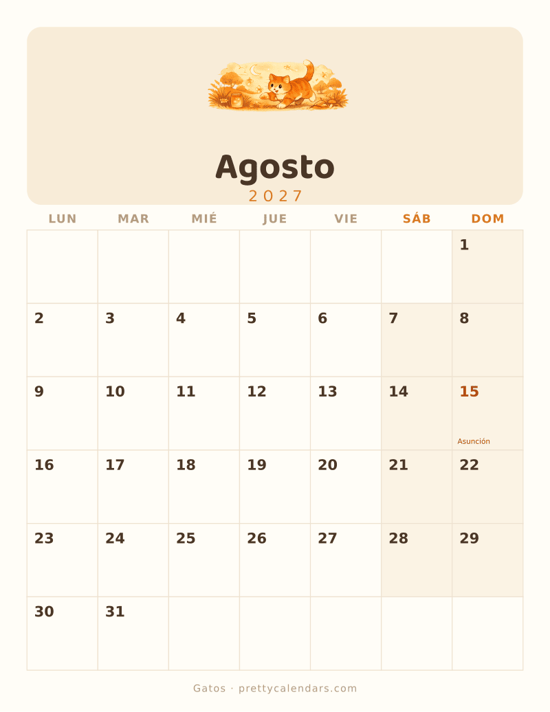 Calendario de Agosto 2027 para imprimir, estilo Gatos