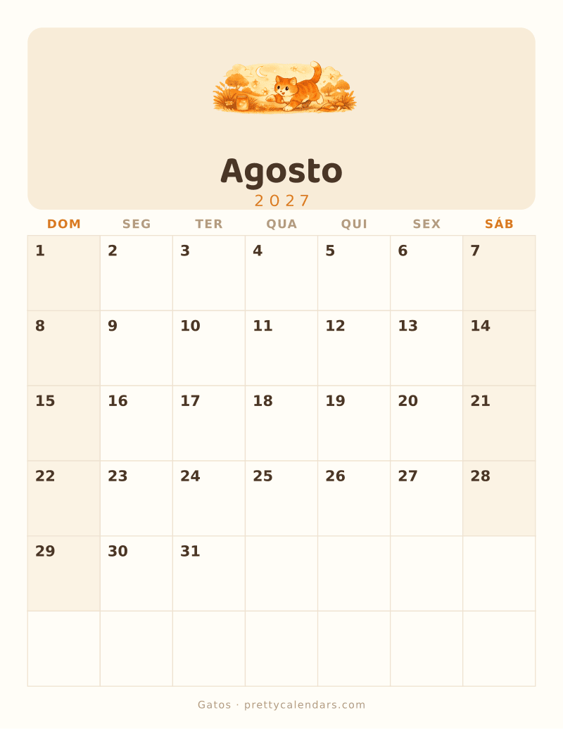 Calendário de Agosto de 2027 para imprimir, estilo Gatos