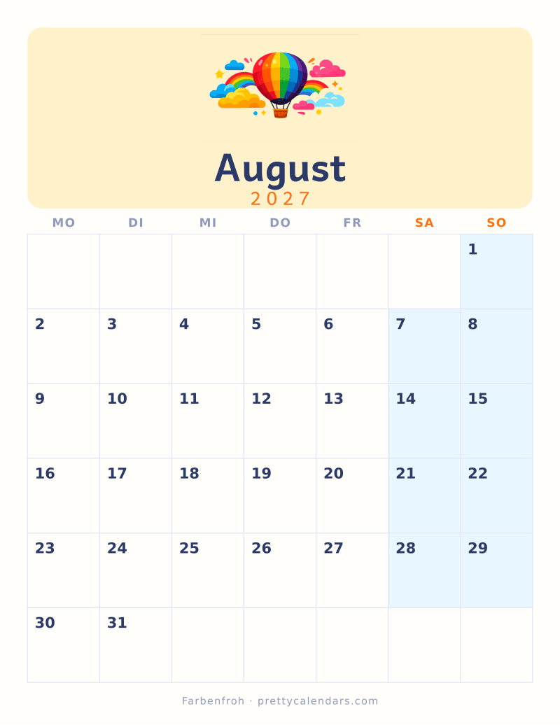 Druckbarer Kalender August 2027, Design Farbenfroh