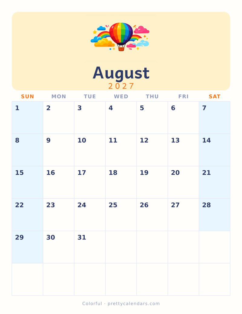 August 2027 printable calendar, Colorful style