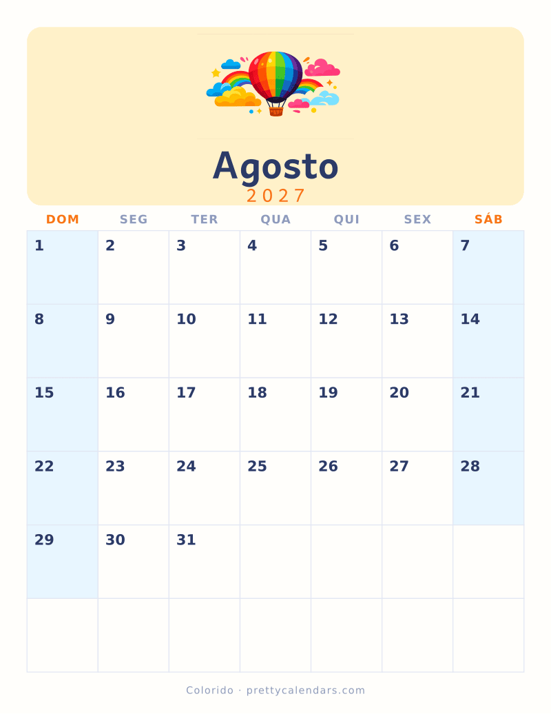 Calendário de Agosto de 2027 para imprimir, estilo Colorido