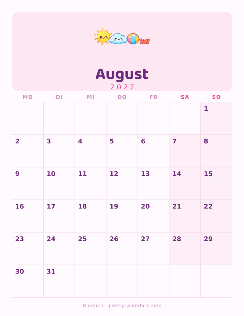 Druckbarer Kalender August 2027, Design Niedlich
