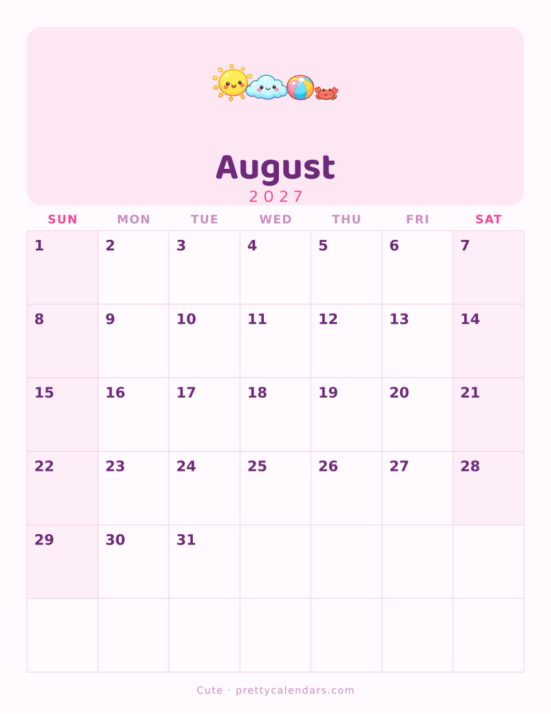 August 2027 printable calendar, Cute style