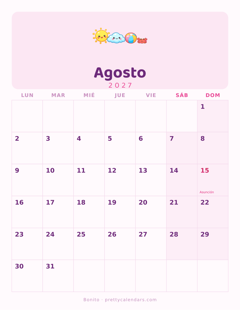 Calendario de Agosto 2027 para imprimir, estilo Bonito