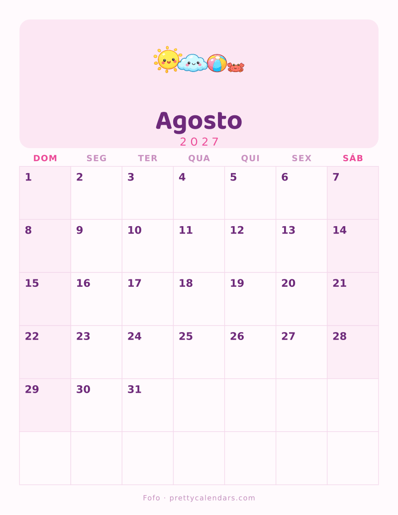 Calendário de Agosto de 2027 para imprimir, estilo Fofo