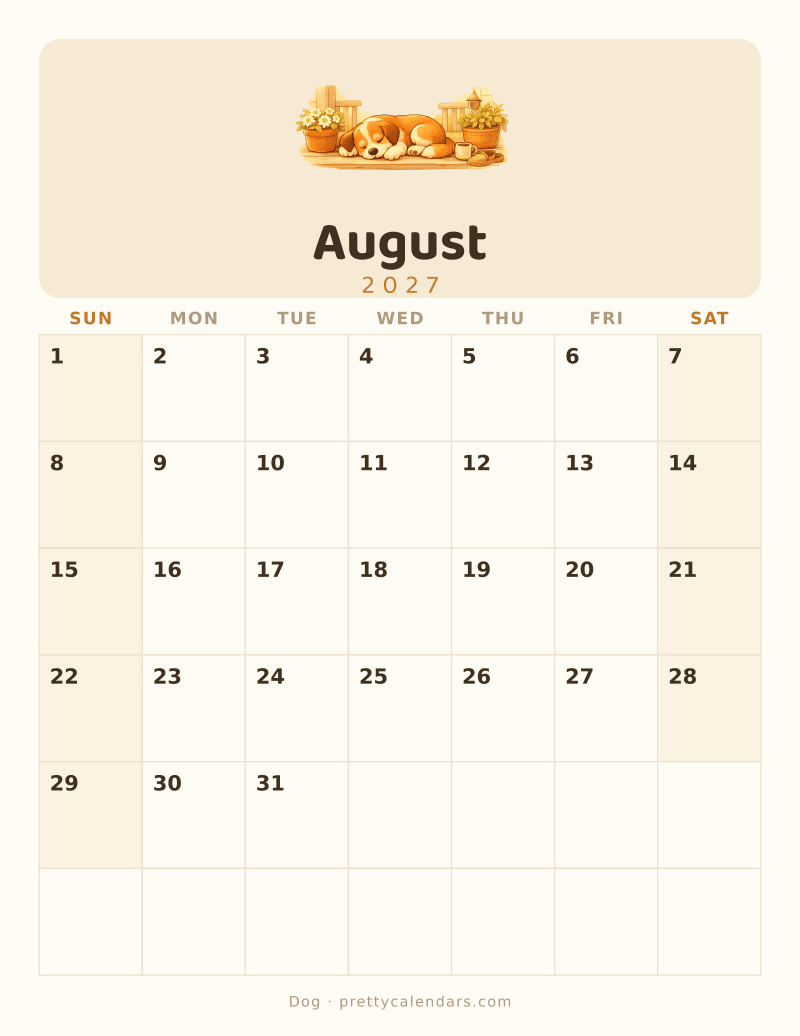 August 2027 printable calendar, Dog style