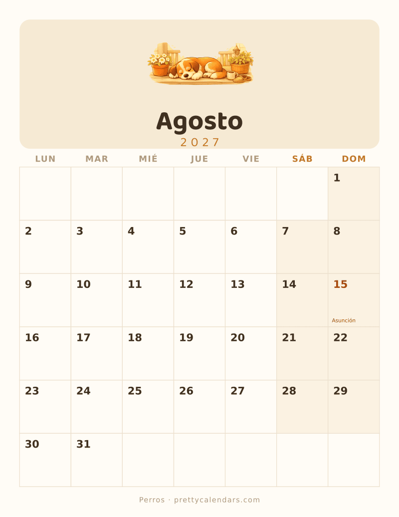 Calendario de Agosto 2027 para imprimir, estilo Perros
