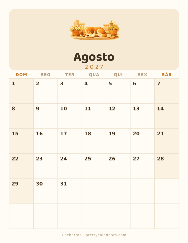 Calendário de Agosto de 2027 para imprimir, estilo Cachorros