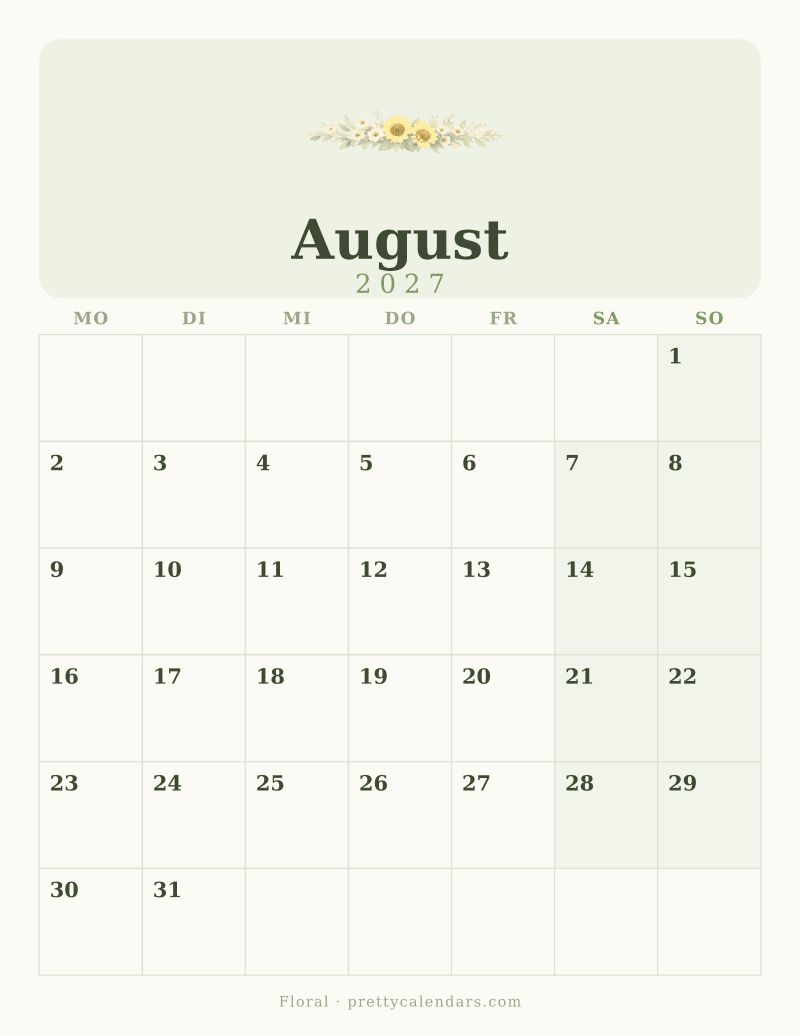 Druckbarer Kalender August 2027, Design Floral