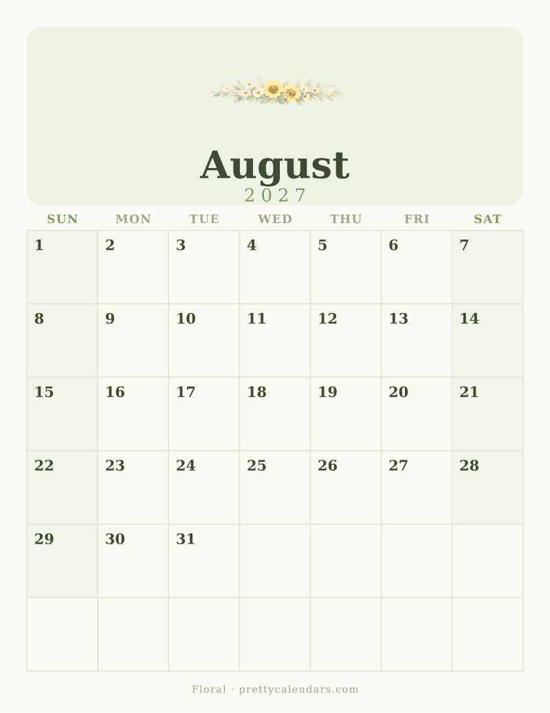 August 2027 printable calendar, Floral style