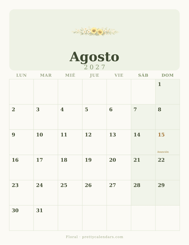 Calendario de Agosto 2027 para imprimir, estilo Floral