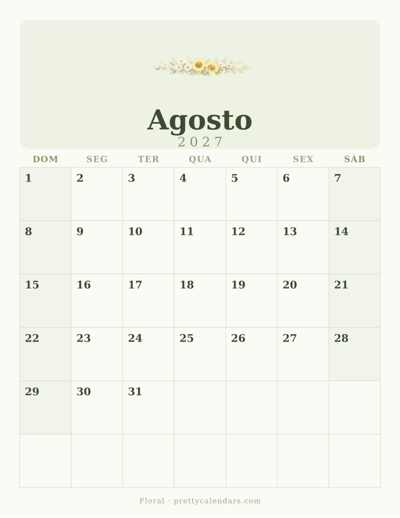 Calendário de Agosto de 2027 para imprimir, estilo Floral