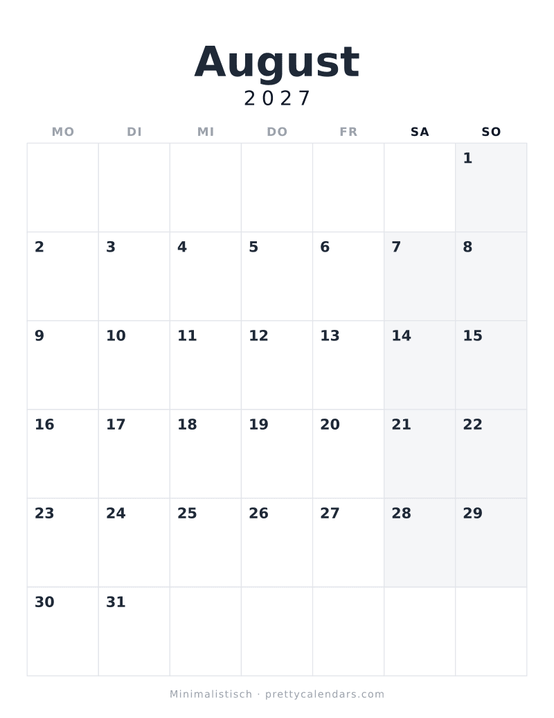 Druckbarer Kalender August 2027, Design Minimalistisch