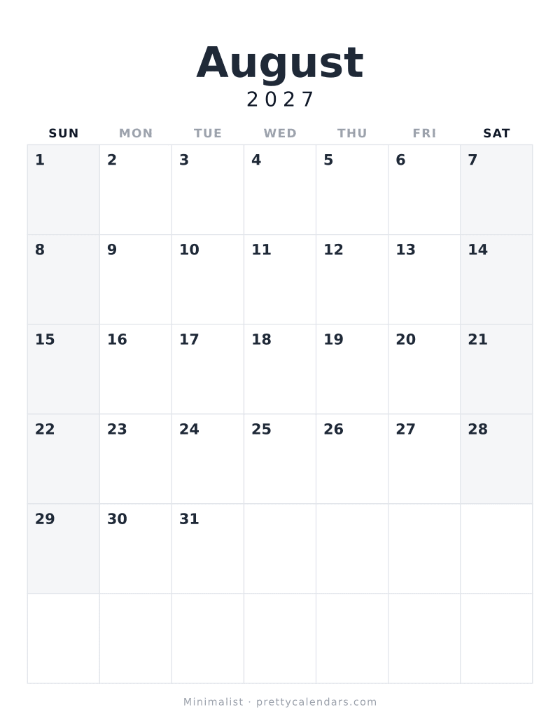 August 2027 printable calendar, Minimalist style