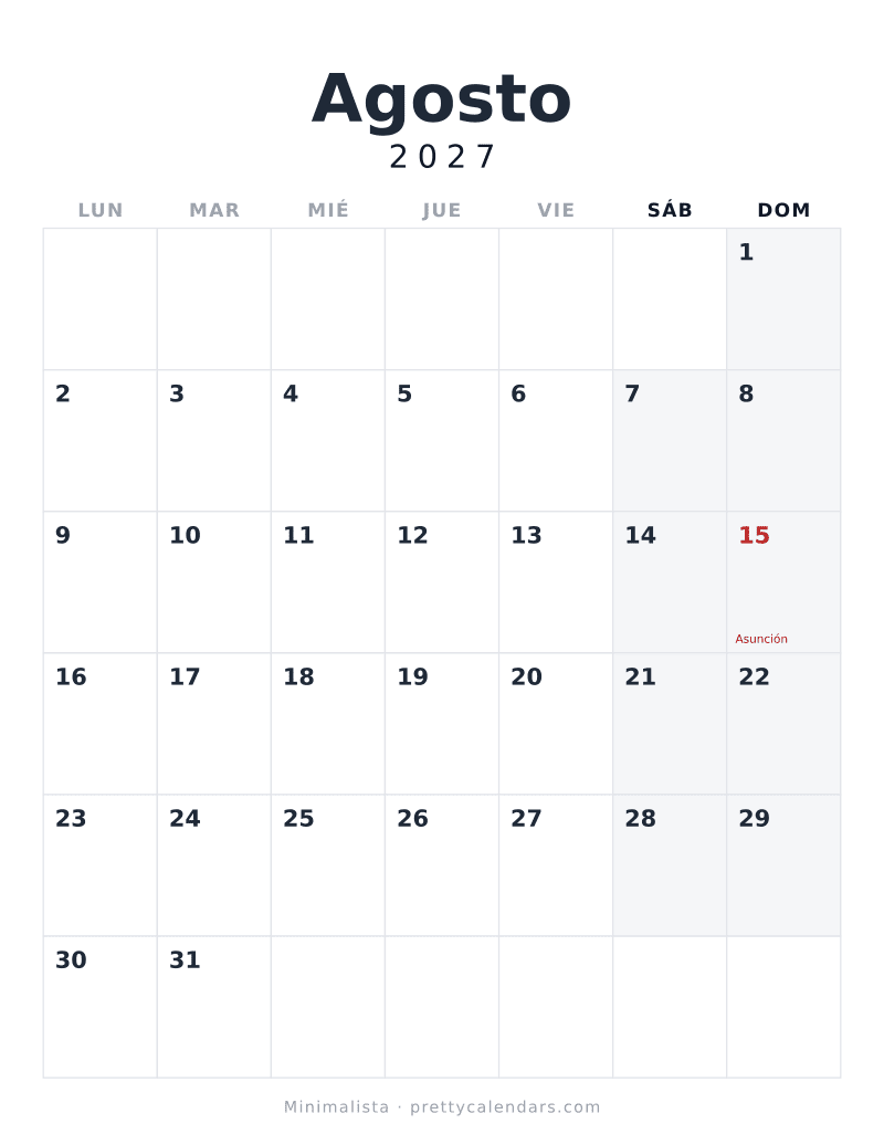 Calendario de Agosto 2027 para imprimir, estilo Minimalista