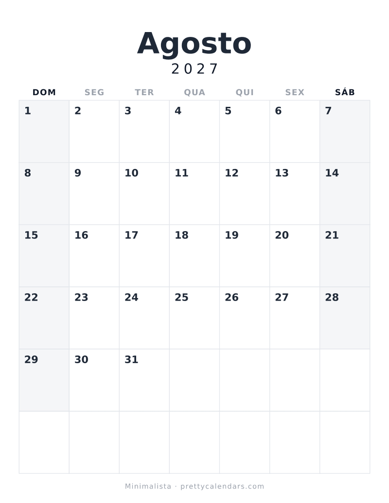 Calendário de Agosto de 2027 para imprimir, estilo Minimalista
