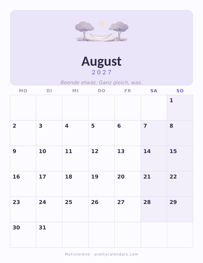 Druckbarer Kalender August 2027, Design Motivierend