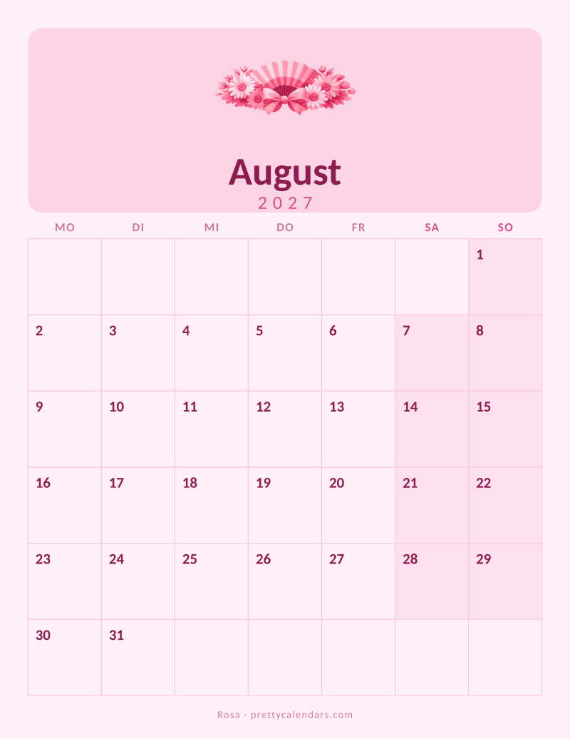 Druckbarer Kalender August 2027, Design Rosa