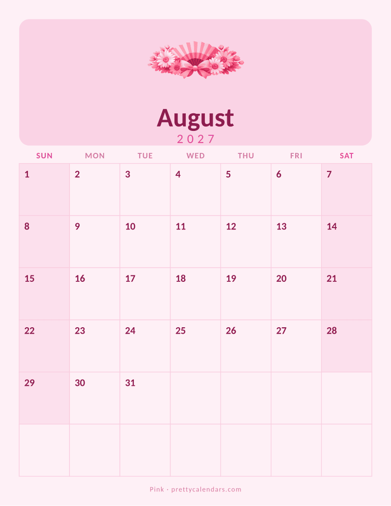 August 2027 printable calendar, Pink style