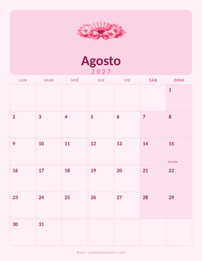 Calendario de Agosto 2027 para imprimir, estilo Rosa