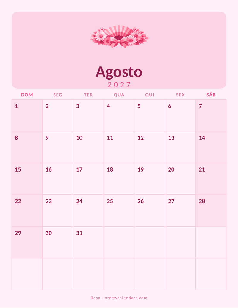 Calendário de Agosto de 2027 para imprimir, estilo Rosa