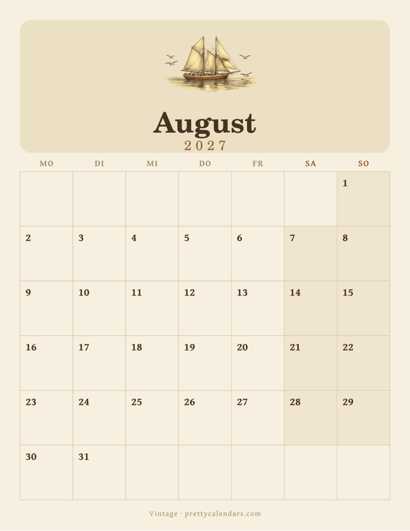 Druckbarer Kalender August 2027, Design Vintage