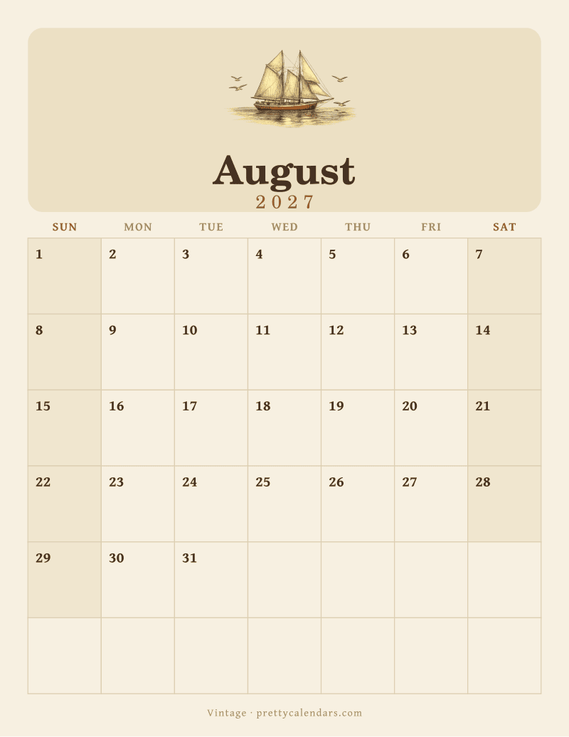 August 2027 printable calendar, Vintage style