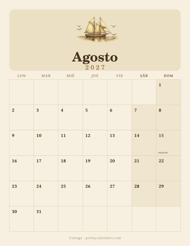 Calendario de Agosto 2027 para imprimir, estilo Vintage