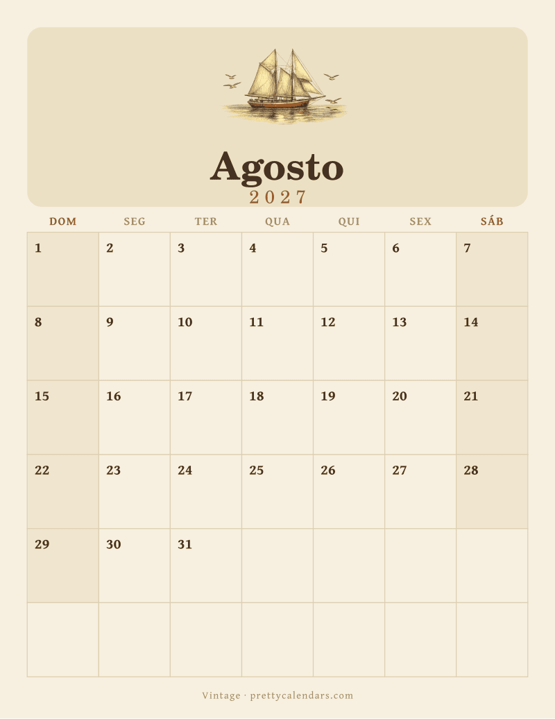 Calendário de Agosto de 2027 para imprimir, estilo Vintage