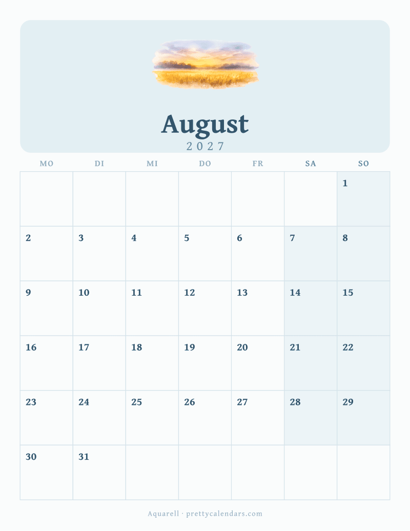 Druckbarer Kalender August 2027, Design Aquarell