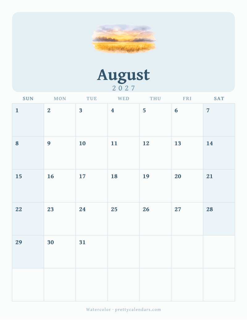 August 2027 printable calendar, Watercolor style