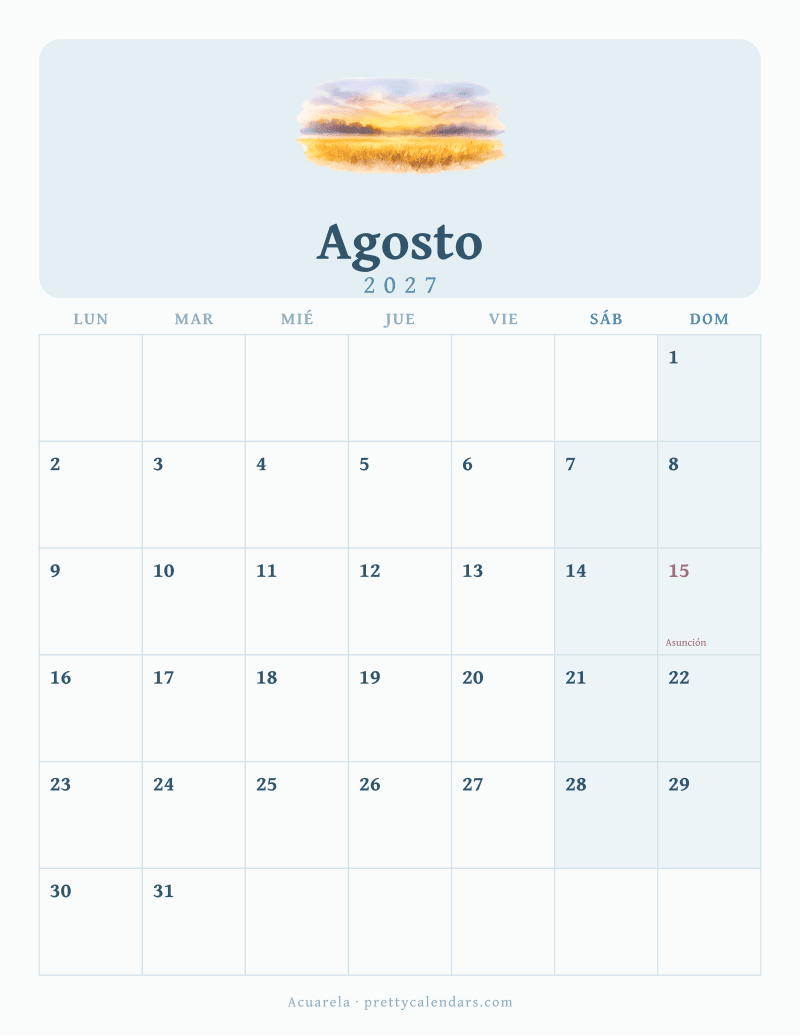 Calendario de Agosto 2027 para imprimir, estilo Acuarela