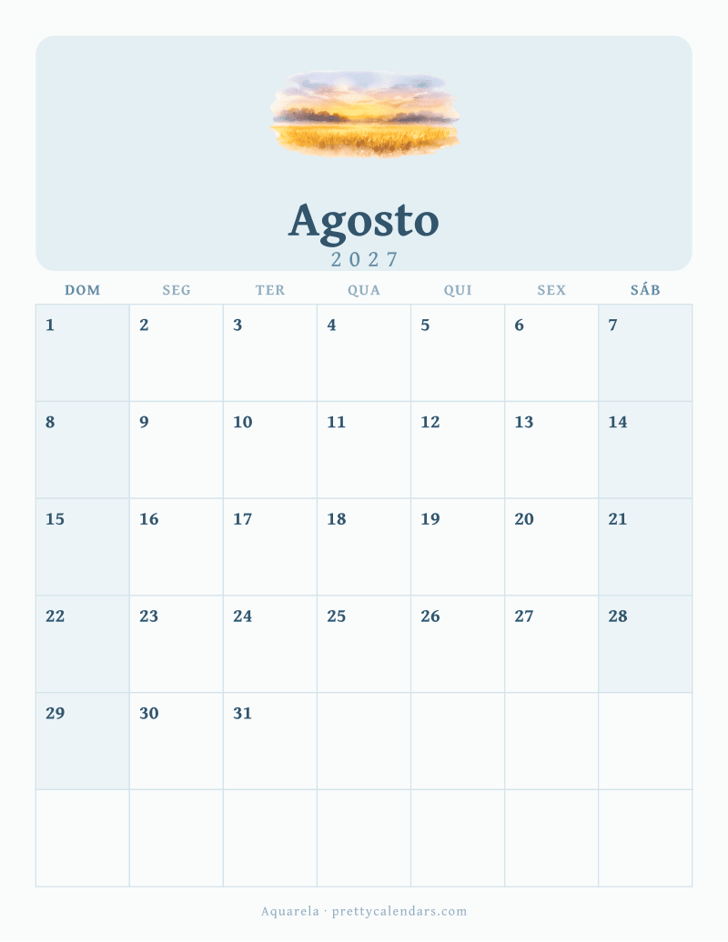 Calendário de Agosto de 2027 para imprimir, estilo Aquarela