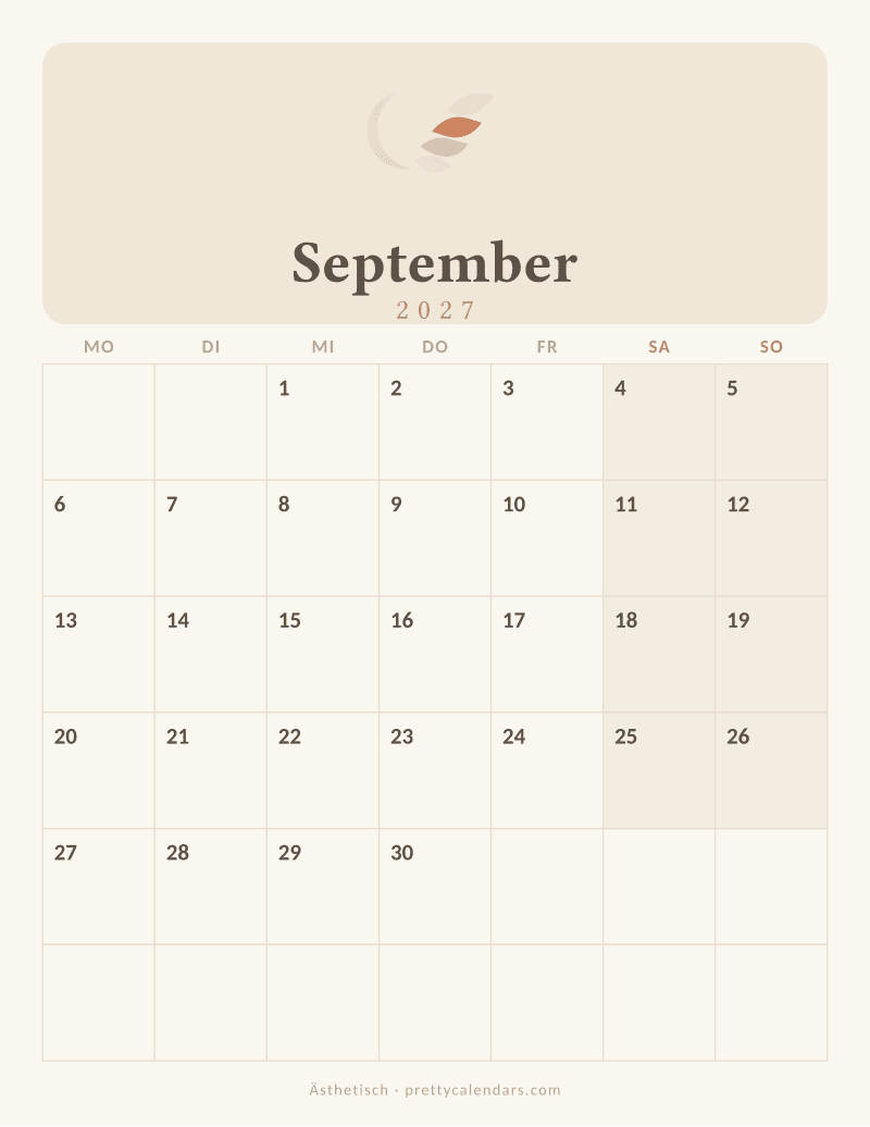 Druckbarer Kalender September 2027, Design Ästhetisch
