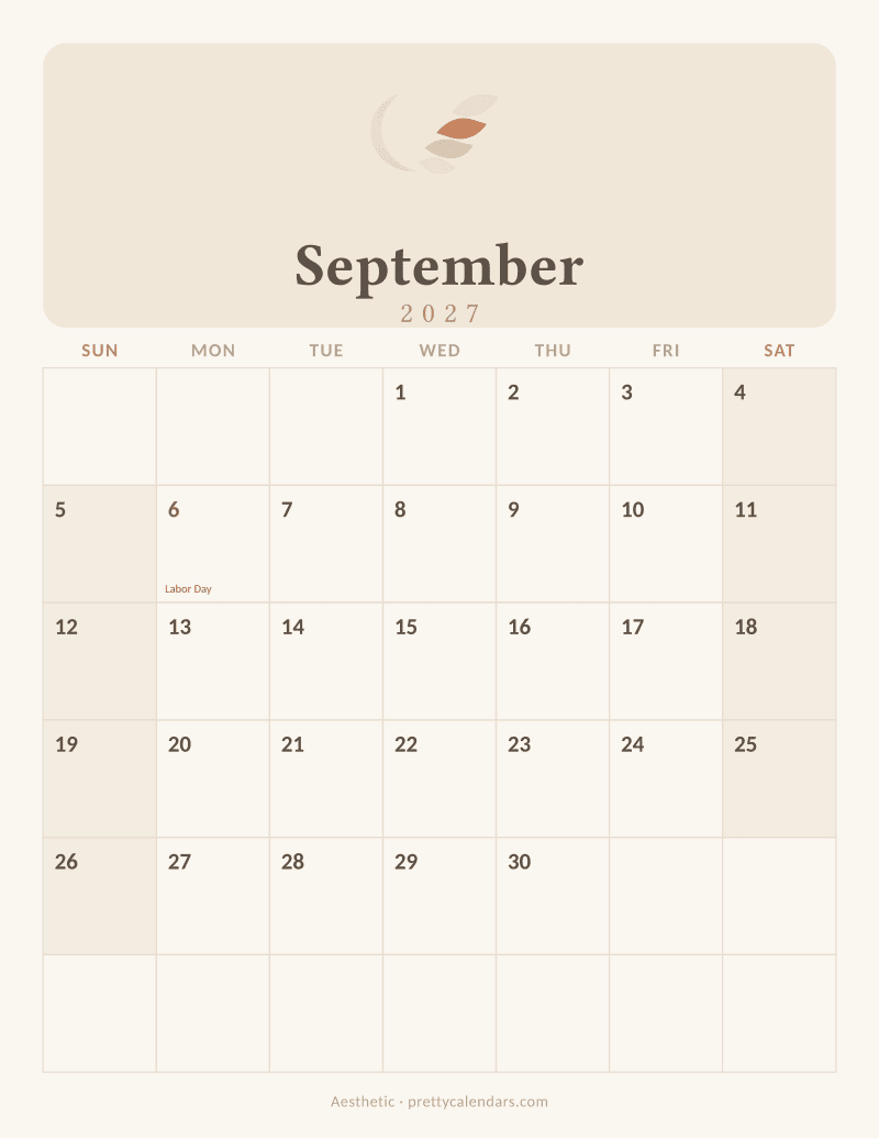 September 2027 printable calendar, Aesthetic style