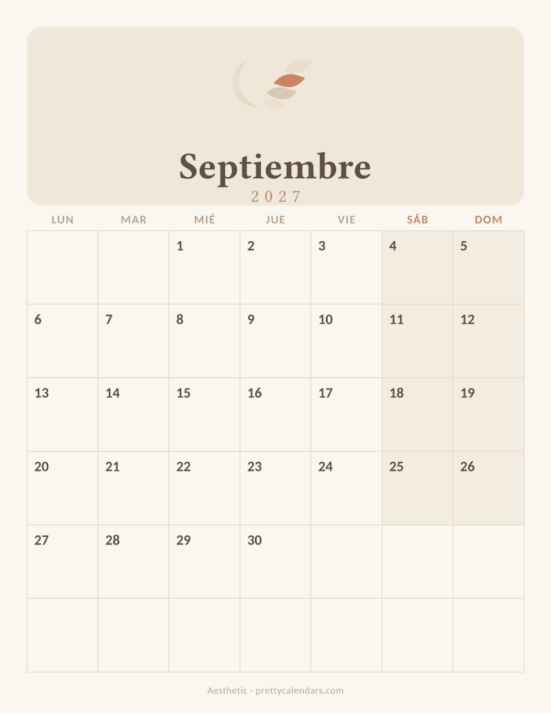 Calendario de Septiembre 2027 para imprimir, estilo Aesthetic