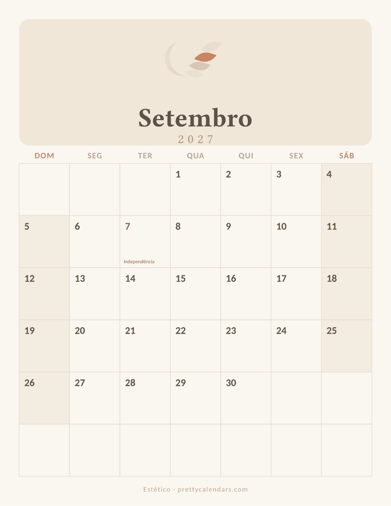 Calendário de Setembro de 2027 para imprimir, estilo Estético
