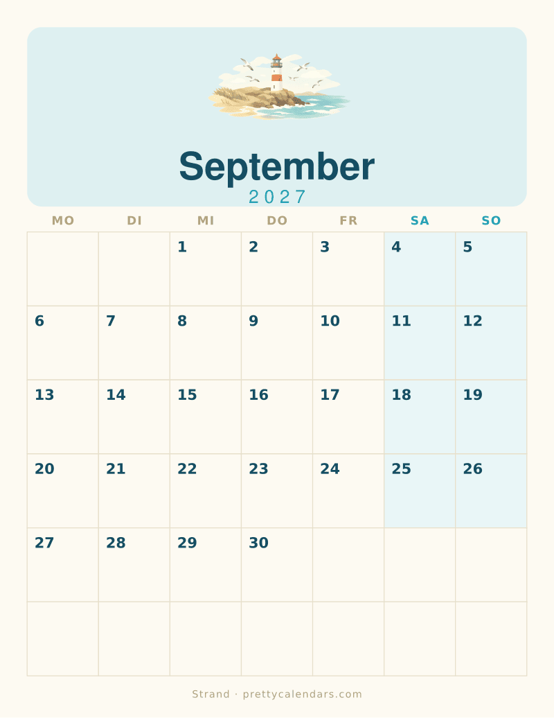 Druckbarer Kalender September 2027, Design Strand