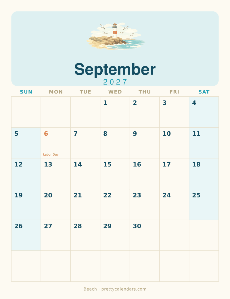 September 2027 printable calendar, Beach style