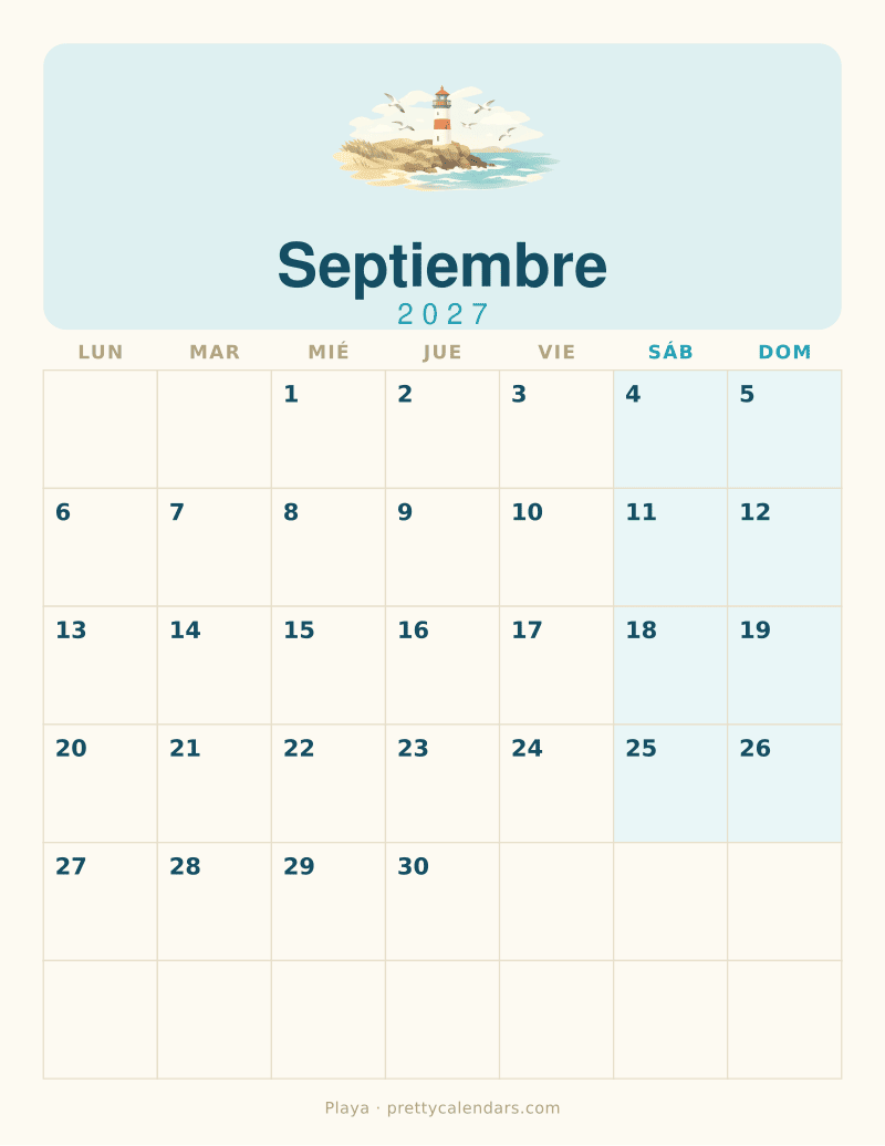 Calendario de Septiembre 2027 para imprimir, estilo Playa