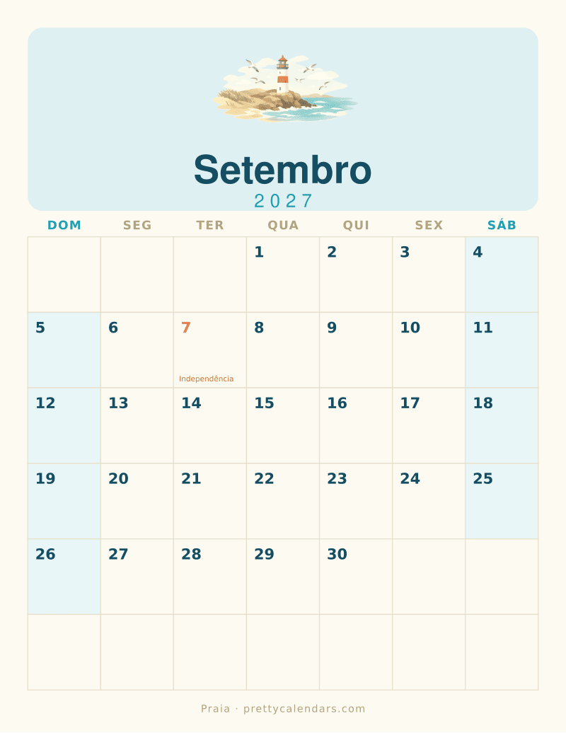 Calendário de Setembro de 2027 para imprimir, estilo Praia